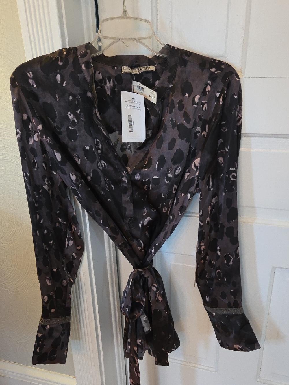 Leopard Print Tie-Front Blouse in Dark Charcoal and Mauve